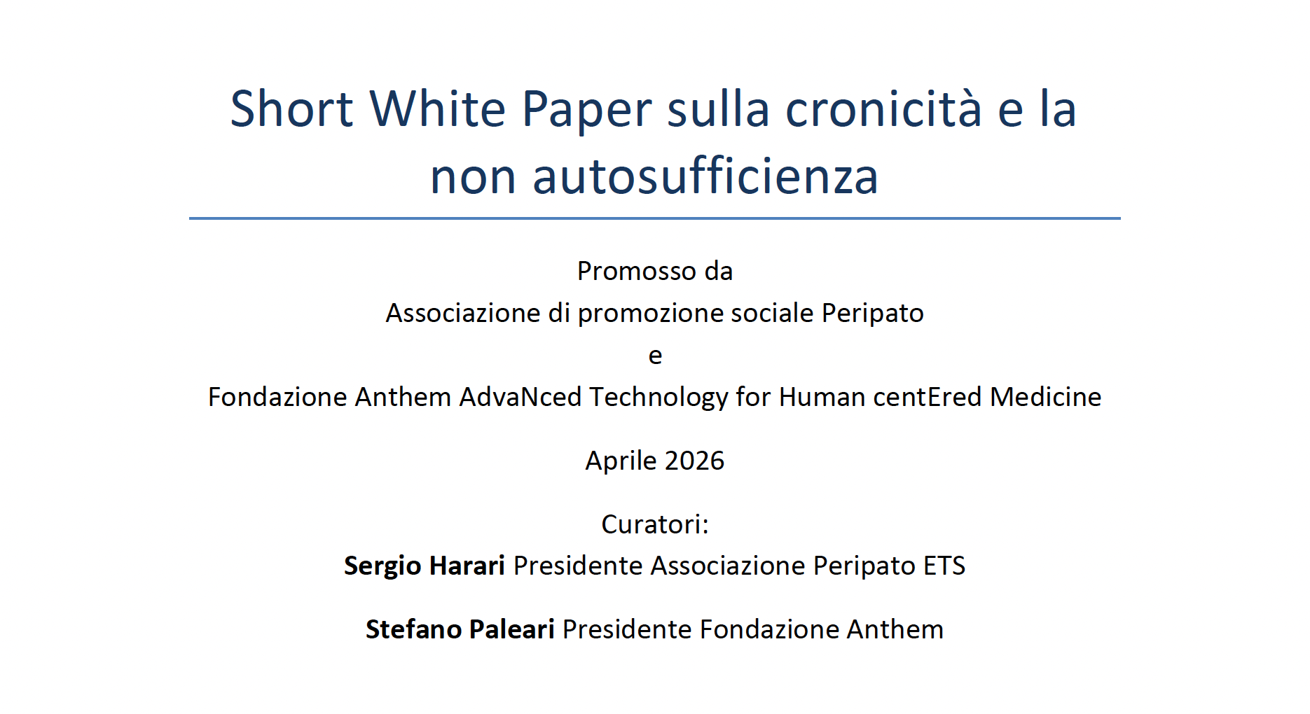 Longevità e cronicità: il Libro Bianco Peripato–ANTHEM indica le priorità per il futuro della sanità